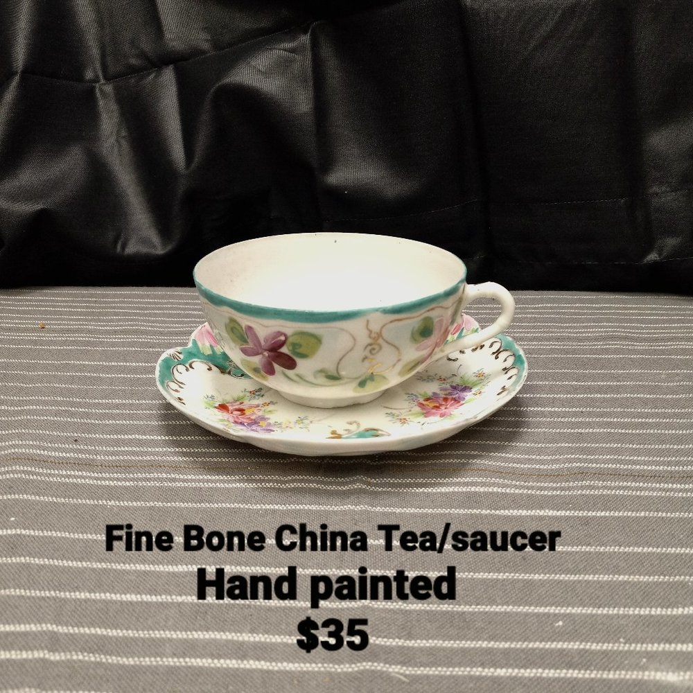 VINTAGE HANDPAINTED FINE BONE CHINA TEA & SAUCER